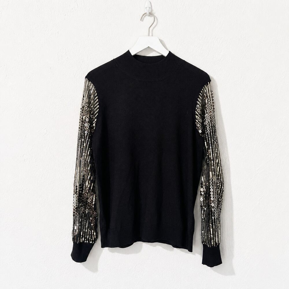 Carmen Marc Valvo Black Sequin Sleeve Sweater L Holiday Glam Office Siren